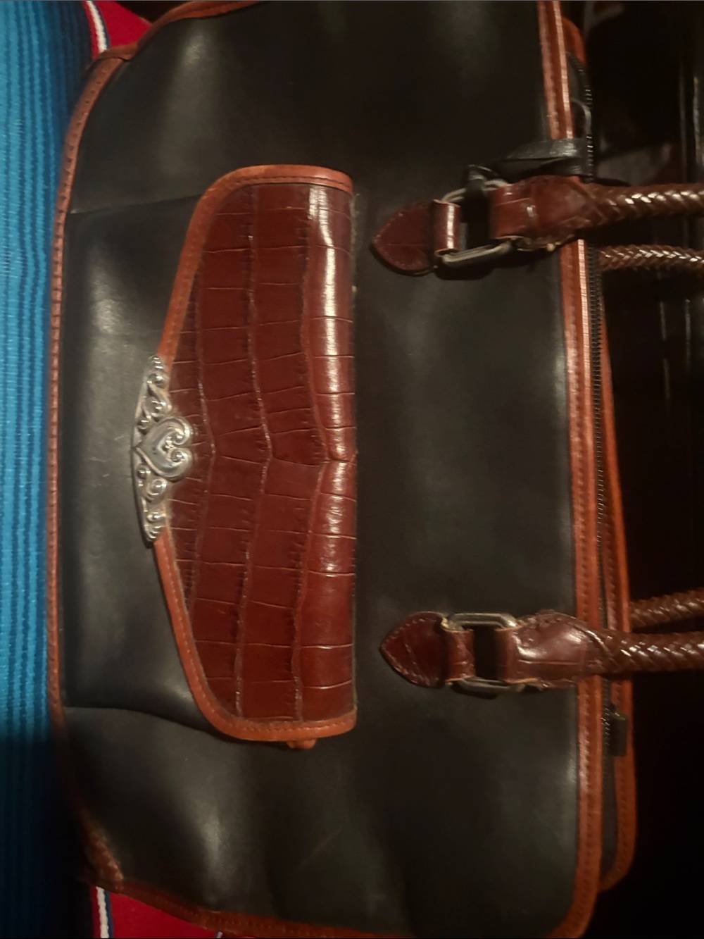 Brighton Black & Brown Leather Satchel with Croc-Embossed Flap